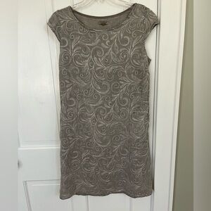 Lina Tomei Greige Embroidered Sheath Dress Mini 100% Linen Italy Size L Beachy